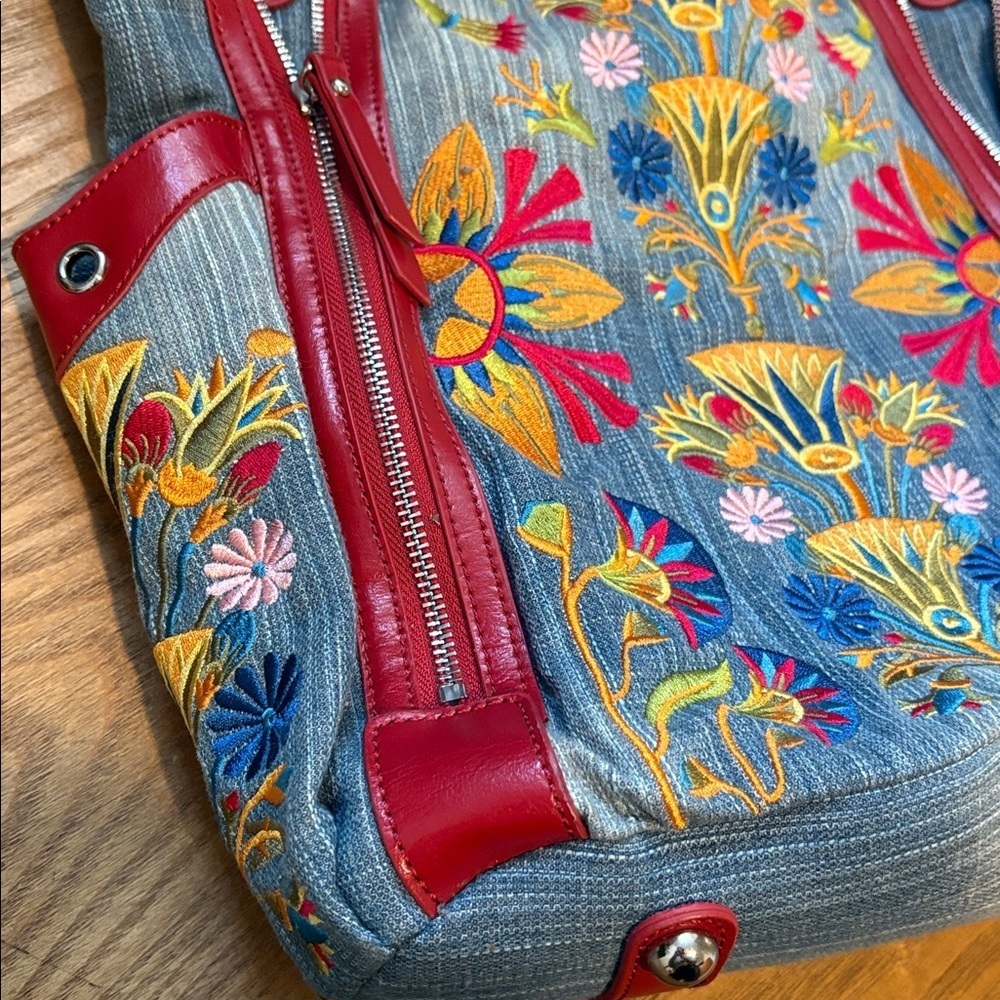 SHARIF denim and leather embroidered shoulder bag - Picture 2 of 10